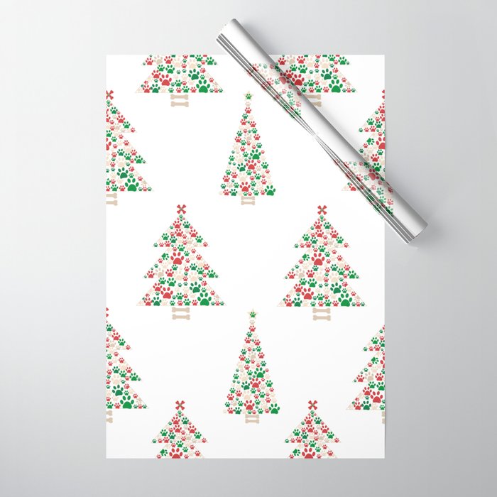Made of paw print Christmas tree. Christmas and Happy new year seamless  fabric design pattern white background Wrapping Paper by gulsengunel